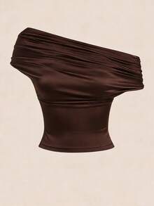 Modelyn Khaki Off-Shoulder, Asymmetrical Shoulder And Halter Versatile Fitted Elegant Sexy Tank Top, Suitable For Spring And Summer Brown Swimsuit Top Brown Bathing Suit Women Brown Tops Brown Two Piece Set Women Dark Brown Top - Apricot - View 6