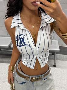 SHEIN HypeZone Streetwear Women's Sleeveless Striped Print Shirt, Spring/Summer - White - View 4