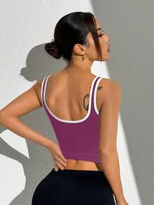 Gameset SHEIN Sport 撞色滚边 U 领休闲舒适健身运动背心 - Bold Plum - 查看 6