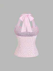 Sweetra 女士粉色爱心印花蕾丝拼接V领系带露背短款上衣，优雅甜美浪漫休闲度假沙滩装，春夏款 - 粉色 - 查看 2