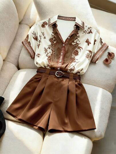 Franclia Conjunto de 2 piezas (con cinturón) de blusa de manga corta con estampado digital elegante y clásico, y shorts para uso casual, de oficina, de fiesta, de playa y diario para mujer