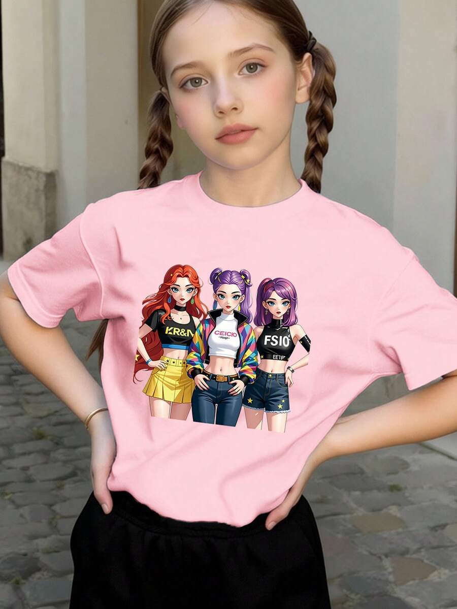 Sparklyn Tween Girl Pink Round Neck Short Sleeve Graphic Tee, Young Girl Casual Comfortable Fashion Minimalist Cartoon, Funny, Celebrity, Anime, K-POP Style Letter Print Graphic T-Shirt
