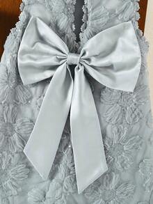SHEIN One-Piece Young Girl Sleeveless Round Neck Solid Color Back Big Bow Decor A-Line Lace Embroidered Dress, Cute & Elagant & Sweet & Vintage & - Blue - View 2