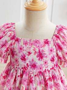 SHEIN 女宝宝可爱甜美碎花印花优雅夏日连衣裙 - 玫紅色 - 查看 3