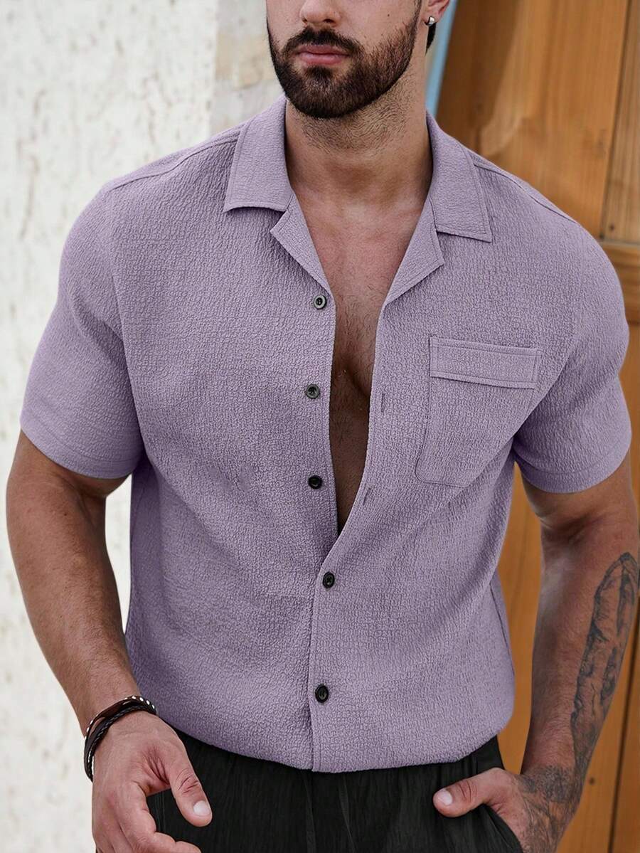 Manfinity CasualCool Áo sơ mi nam tay ngắn in họa tiết, áo sơ mi nam tay ngắn kiểu công sở, áo sơ mi kiểu , áo sơ mi nam cài cúc size S, áo sơ mi nam mùa hè màu tím có họa tiết. - Màu tím - Xem 1