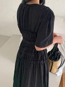 DAZY Women's Black Ruffle Hem Waist Cinched Mid-Length Dress - Black - View 8