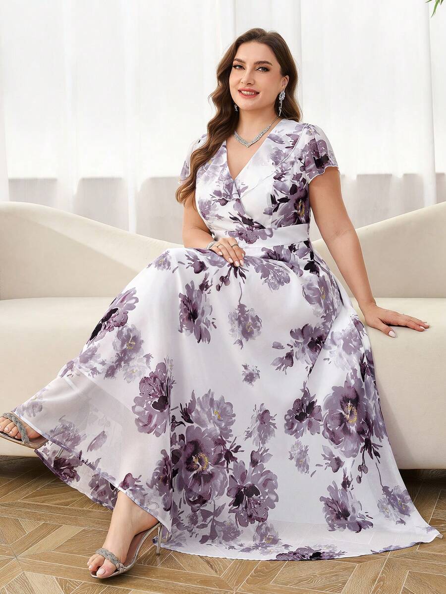 Reflora 大码女士优雅印花连衣裙，夏季婚礼礼服 - 彩色 - 查看 1