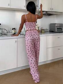 SHEIN Conjunto de pijama de camiseta y pantalones con estampado de corazón y botones falsos para mujer - Rosa vieja - Ver 7