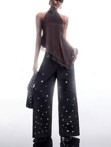 LYSMO Áo ba lỗ thời trang màu trơn cổ trụ không tay viền bèo nhún cho nữ - Cà phê nâu - Xem 8