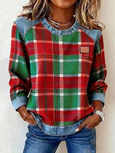 EMERY ROSE Women's Plaid Minimalist Casual Round Neck Long Sleeve T-Shirt