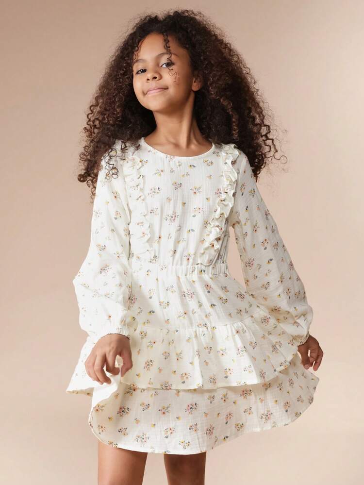 Floral Print Ruffle Dress With Puff Sleeves