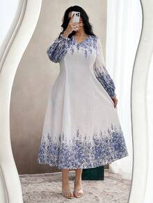 Modelyn Plus Size Women Floral Print Long Sleeve A-Line Waist Elegant Romantic Dress - Multicolor - View 4