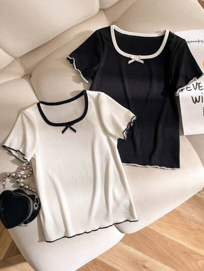 Elladie kids 2pcs/Set Toddler Girls' Summer New Knit Fabric Scoop Neck Black & White Contrast Collar Drawstring Decor Bow Casual Black & White T-Shirt Set, Suitable For Daily Wear, School, Home