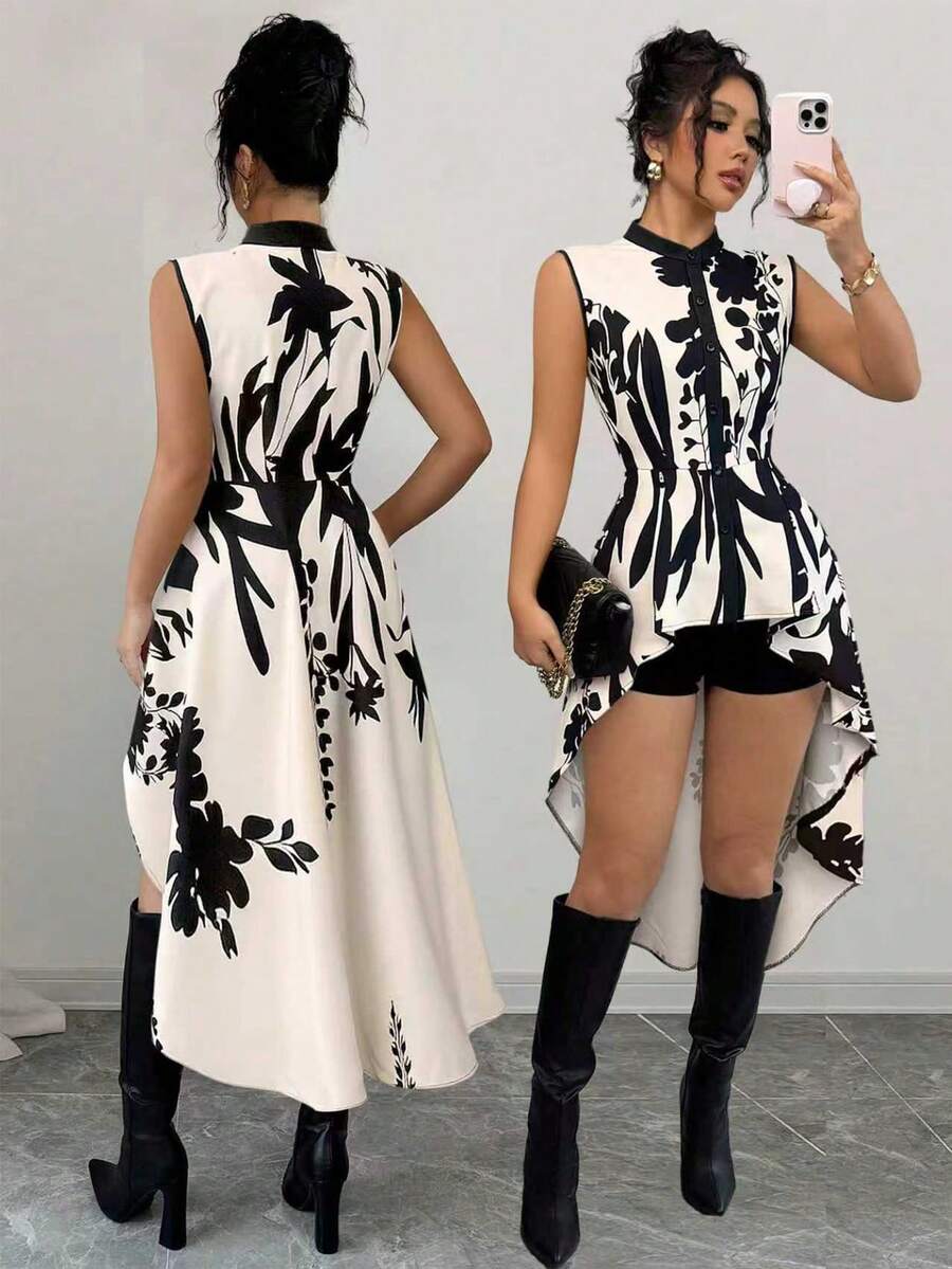 Elenzga Áo sơ mi hở trước màu tương phản, họa tiết hoa đen, viền bất đối xứng, dáng chữ A, cắt ngẫu nhiên, phong cách Pháp thanh lịch, phù hợp mặc đi làm và đi chơi - Màu be - Xem 1