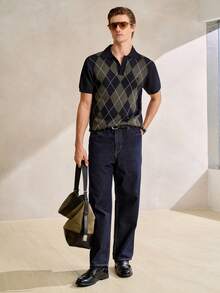 Manfinity CityGents Men's Classic Knit Short Sleeve Polo Top With Plaid Pattern Button Front Design - Royal Blue - View 5