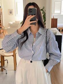 DAZY Blue Striped Casual Design Office/Commute Long Sleeve Shirt For Women, Spring/Summer, Valentine's Day