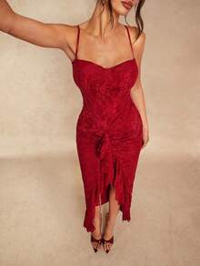 Silquee Robe moulante à volants irréguliers et fente, sans manches, adaptée pour la Saint-Valentin, Noël, les rendez-vous, les fêtes, les demoiselles d'honneur, les cocktails, les occasions élégantes et romantiques, les soirées de gala, les représentations sur scène, les fêtes Top de gamme - Rouge - Voir 3