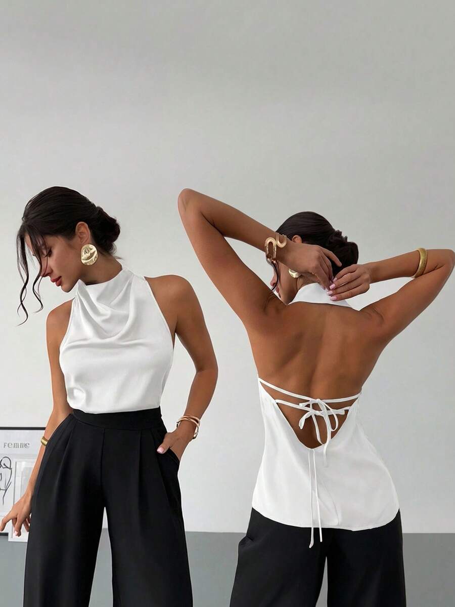 Firerie Xuân/Hè Mới Thanh lịch Thường ngày Cổ điển Hiện đại Cổ áo không đều Không tay Halter Hở lưng Nơ Trang trí Ôm sát Áo cánh đi làm màu đen - trắng - Xem 1