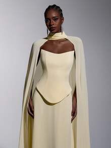 Elitara 优雅浪漫时尚的浅黄色雪纺无肩带A字连衣裙，领口饰有精美图案，适合优雅派对、婚礼宾客、正式晚宴、伴娘礼服等场合。 - 淡黃色 - 查看 4