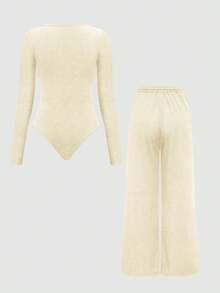 Franclia Bộ 2 món áo liền quần dài tay ôm dáng cổ vuông màu trơn - Màu Khaki - Xem 2