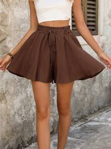 Breezaya Women's Solid Color Drawstring Waist Fashionable Versatile Casual Shorts - Coffee Brown - View 5