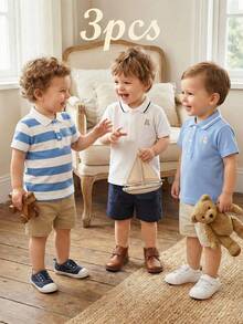 Souflis Souflis 3 قطعة/طقم قمصان بولو أكمام قصيرة بطراز فرنسي رجعي بلون أزرق فاتح، أبيض، أزرق سادة، أزرق مخطط، متعددة الاستخدامات للمدرسة واللعب والمناسبات المختلفة، ملابس علوية للأولاد الصغار - متعدد الألوان - مشاهدة 3