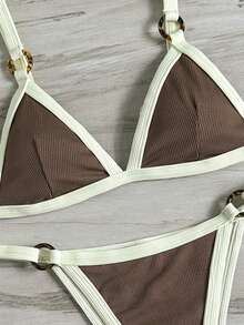 Swim Vcay 热销新款夏季沙滩休闲度假性感优雅女士两件式泳衣套装。产品特点包括：全身圆形装饰、宽边滚边、可调节肩带、棕色纯色，以及特殊面料比基尼套装。 - 棕色 - 查看 3