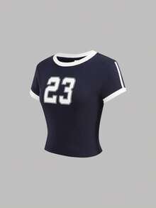 SHEIN Girlism Kids Teen Girls' Navy Blue 2 Piece Set,Sporty Streetwear Summer Retro Short Sleeve T-Shirt And Loose Wide Leg Pants,Back-To-School Graduation Outfit - Blue and White - View 11