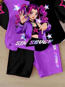 SHEIN 2件套女婴休闲时尚彩色K-POP女团字母和星星印花个性化趣味数字67图案圆领短袖T恤和短裤套装，适合夏季穿着。紫色女婴紫色T恤街头风女童紫色婴儿图案T恤 - 彩色 - 查看 5