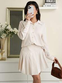 Modelyn Ensemble 2 pièces élégant pour femme, chemise à boutons rayée et jupe plissée pour le travail, automne - Nude - Voir 6