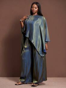 SHEIN CURVE+ Curve 尺码 US22 音乐节、海滨度假、波西米亚风女士亮面面料斗篷上衣和阔腿裤两件套，适合圣诞节/新年/派对/优雅女性风格/闪亮两件套/感恩节/正式场合 - 藍色 - 查看 6