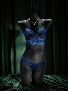 SpicyHot Women's Ultrasensual Hollow-Out Blue Lace Trim Milk Silk Bra + Panty 2 Pieces Set - Navy Blue - View 1