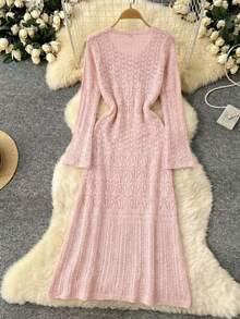 GlowEve 新款欧美时尚混色优雅百搭针织毛衣连衣裙 - 藕粉色 - 查看 2