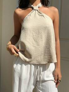 SHEIN EZwear Summer Khaki Woven Casual Halter Neck Blouse For Women - Apricot - View 1