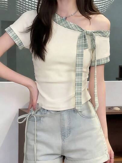 Camiseta de mujer Camiseta de manga corta con hombros descubiertos y diseño de lazo a cuadros estilo patchwork dulce para mujer Top con silueta favorecedora, ideal para el verano