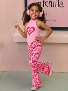 SHEIN 2件套少女时尚可爱粉色爱心印花休闲吊带上衣+喇叭裤套装 - 粉色 - 查看 6