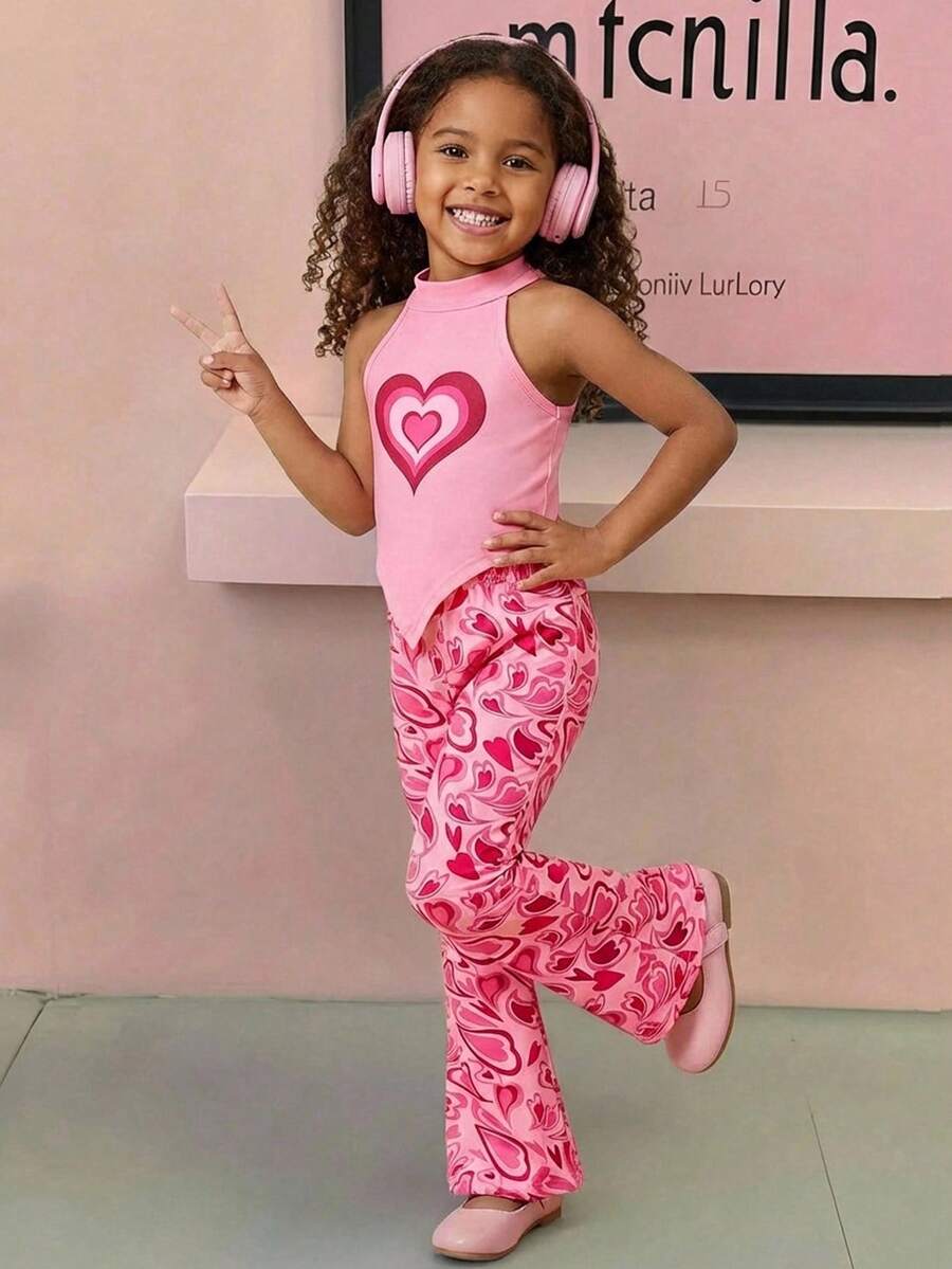 SHEIN 2pcs/Set Young Girl Fashionable Cute Pink Heart Print Casual Halter Top + Flare Pants Outfit - Pink - View 1