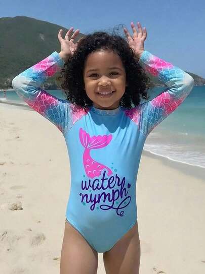 Tween Girls' One-Piece Swimsuit With Blue Floral Print Patchwork, Cute Printed Beach Holiday Swimwear For Swimming, Vacation, Sports