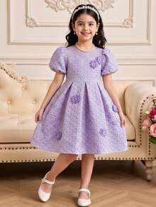 1pc Chiffon Floral Decor Elastic Waist Casual Elegant Princess Party Dress, Summer Lilac Young Girls Lavender For Puffy Sleeve Purple - Pink - View 2