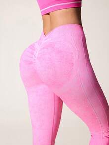 SHEIN Sovereign Charm Seamless Knit Colorful Matte V-Waist Sports Yoga Flared Pants - Party Punch - View 3