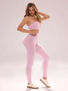 Sovereign Charm Women's Seamless Leopard Print Sports Set, Dopamine Sexy Bandeau Top And Leggings 2 Pieces Outfit - Multicolor - View 8