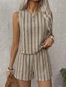 EMERY ROSE 女士休闲圆领无袖上衣和短裤套装 - 卡其色 - 查看 1