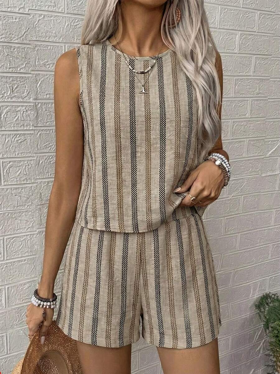 EMERY ROSE 女士休闲圆领无袖上衣和短裤套装 - 卡其色 - 查看 1