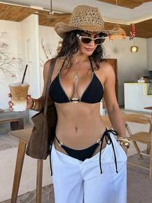 Swim SXY Black Shell Drawstring Ruffle Halter Backless Side Tie Oval Ring Decor Sexy Women Beach Bikini Swimwear Set - Black - View 5
