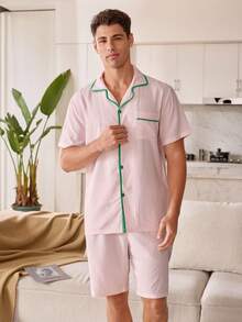 CoupledUp Bộ đồ ngủ ngắn tay màu hồng đơn giản phối màu tương phản dành cho nam. - Hồng - Xem 2