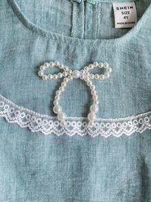 PrepCrw 1pc Young Girls' Elegant Pearl 3D Floral Decor Loose Fit Collared Linen Dress,Blue Summer 7th Birthday Dusty Blue Heirloom Cyan Kids Party Outings - Pink - View 5