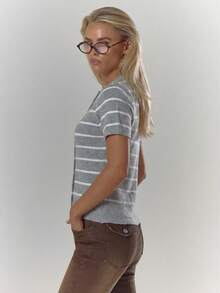 MUSERA Striped Rib Knit Button Through Fitted Short Sleeve Top Cosy Cute Casual Coffee Club Winter Elegant Evening Party - Grey - View 4