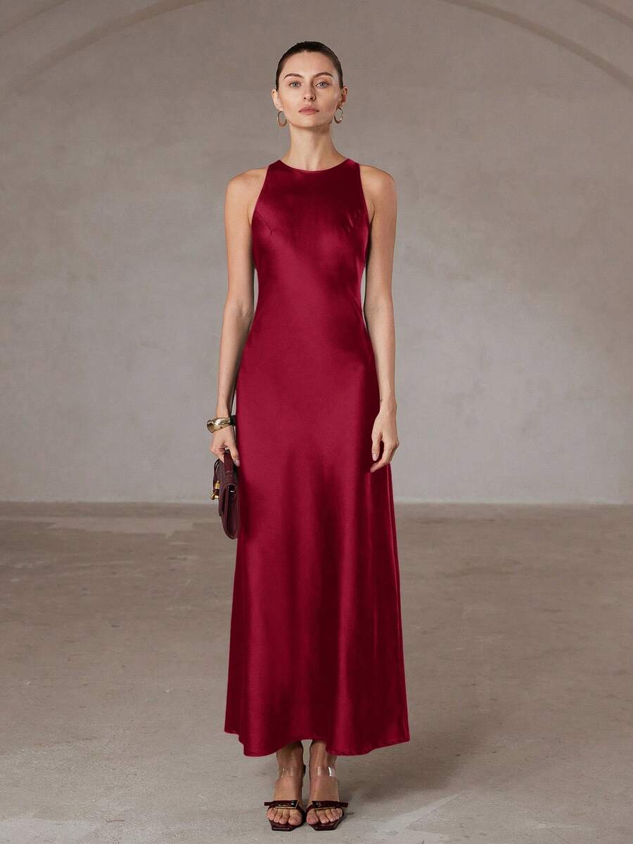 Aveloria Modichic 简约优雅不对称下摆双面缎面醋酸纤维面料A字无袖连衣裙（女款） - 紅色 - 查看 1
