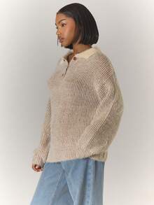 MUSERA 双色马海毛针织领超大纽扣细节套头衫，酷女孩、街头风、可爱风，适合秋冬季 - 棕色 - 查看 3