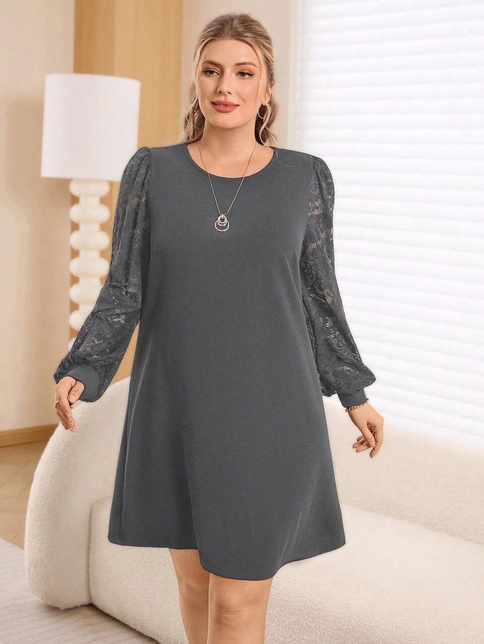 Plus Size Women's Casual Solid Color Lace Long Sleeve Mini Dress/Summer/Spring/Vacation